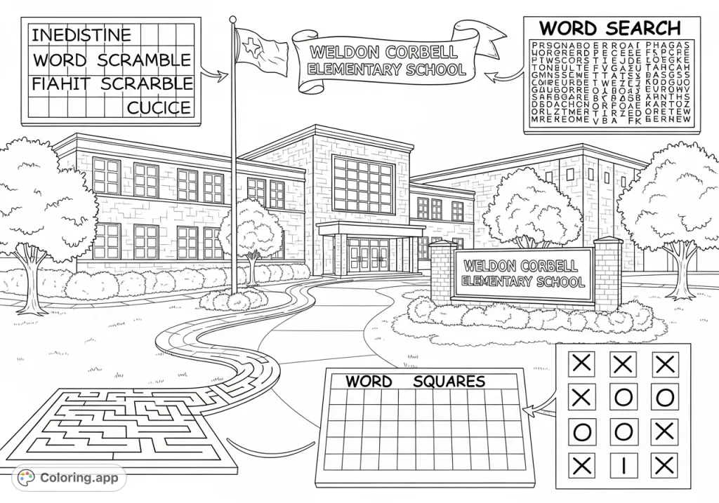 Explore Weldon Corbell Elementary School in Frisco, Texas, with a fun coloring page featuring the school building and engaging puzzles like a maze, word search, and tic-tac-toe.