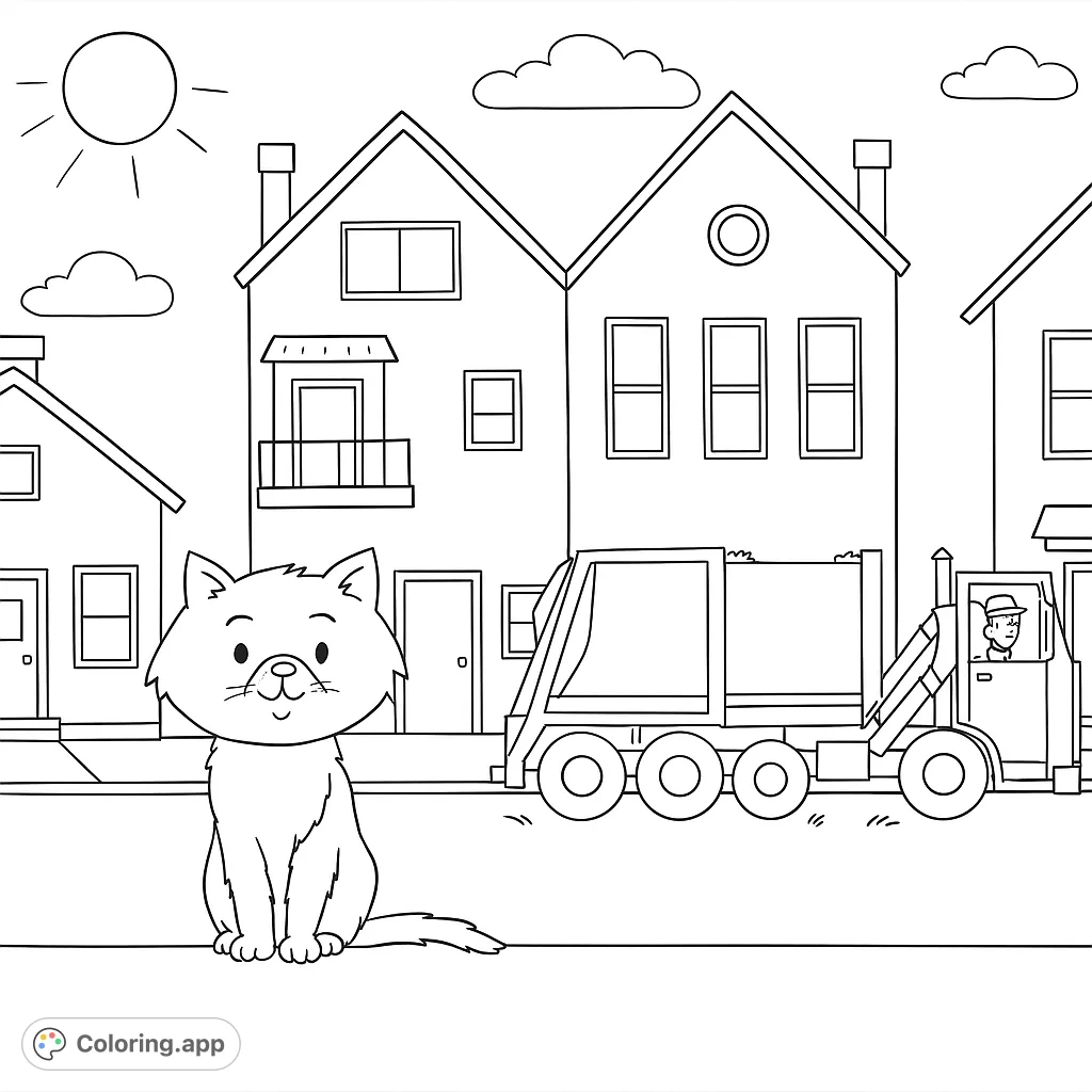 A charming street scene featuring a friendly cat, a busy garbage truck, and colorful houses under a sunny sky. Perfect for young artists!