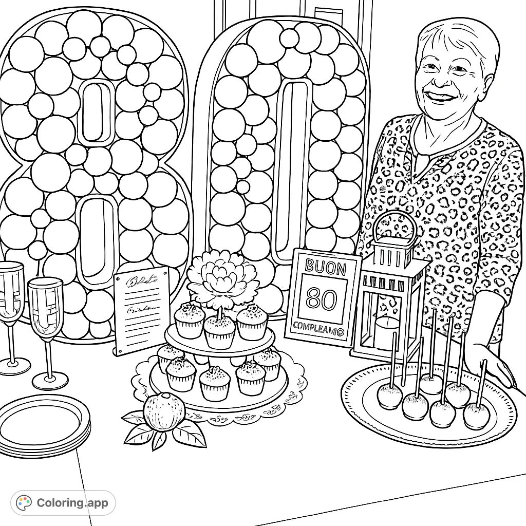 Celebrate a special 80th birthday with this festive coloring page featuring a smiling woman, balloon-filled numbers, and a table of delightful treats.