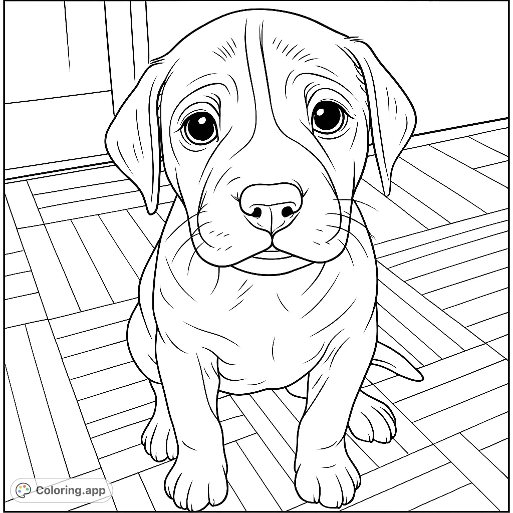 An adorable puppy with expressive eyes and unique markings sits patiently, ready for a burst of creative colors. A charming free printable puppy coloring page.
