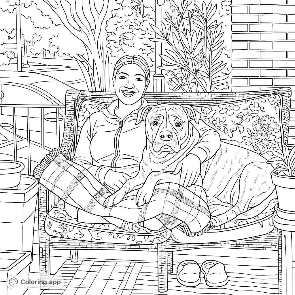 A heartwarming woman and dog coloring page, perfect for pet lovers. Features a woman and her loyal canine friend relaxing on a patterned couch.