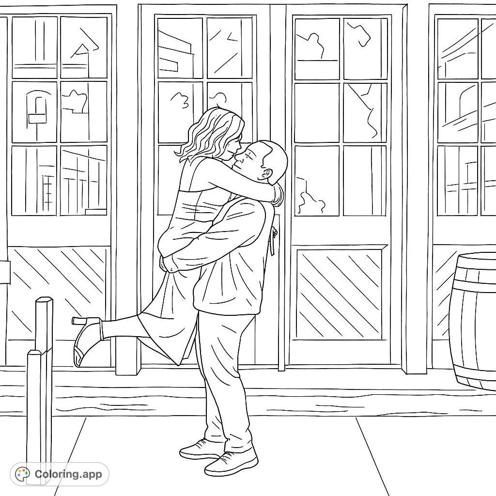 A romantic scene featuring a couple in a loving embrace against a backdrop of grand, multi-paned doors. Perfect for celebrating love and connection.
