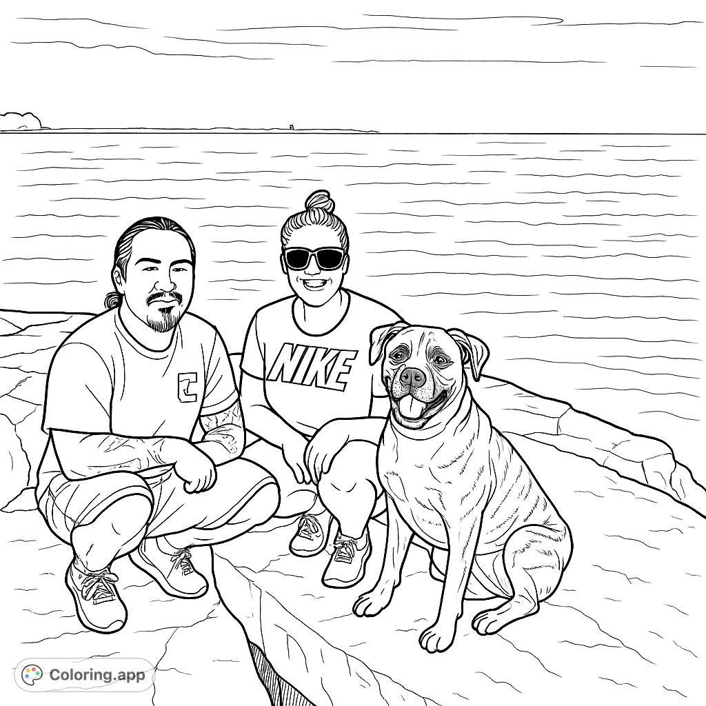 A heartwarming scene of two individuals and their loyal canine companion enjoying a sunny day by the vast expanse of water, perfect for coloring.