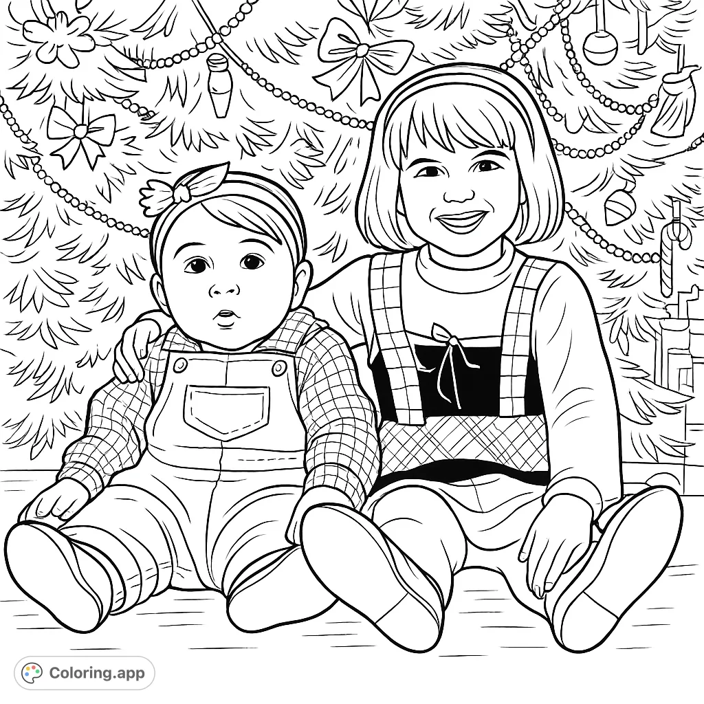 A heartwarming festive children coloring page featuring two siblings sitting happily in front of a beautifully decorated holiday tree, perfect for family fun.