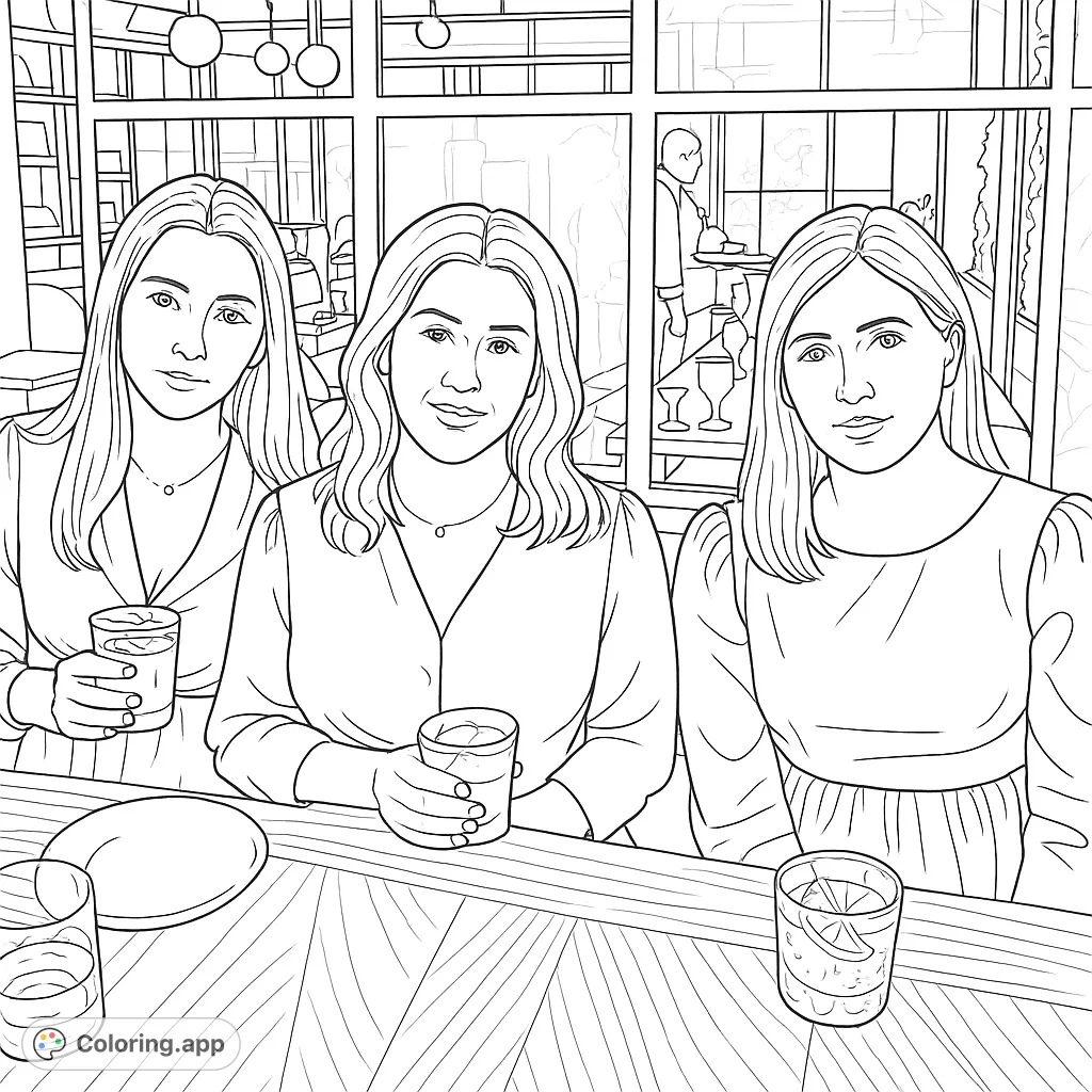Three friends enjoying drinks and conversation at a cozy restaurant, perfect for a relaxing coloring session.