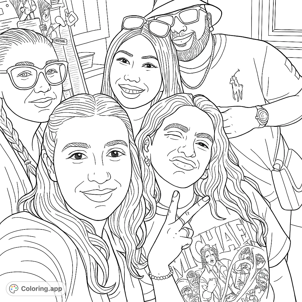 Capture a fun group selfie with friends! This casual portrait features five individuals, perfect for adding your unique touch to their expressions and outfits.