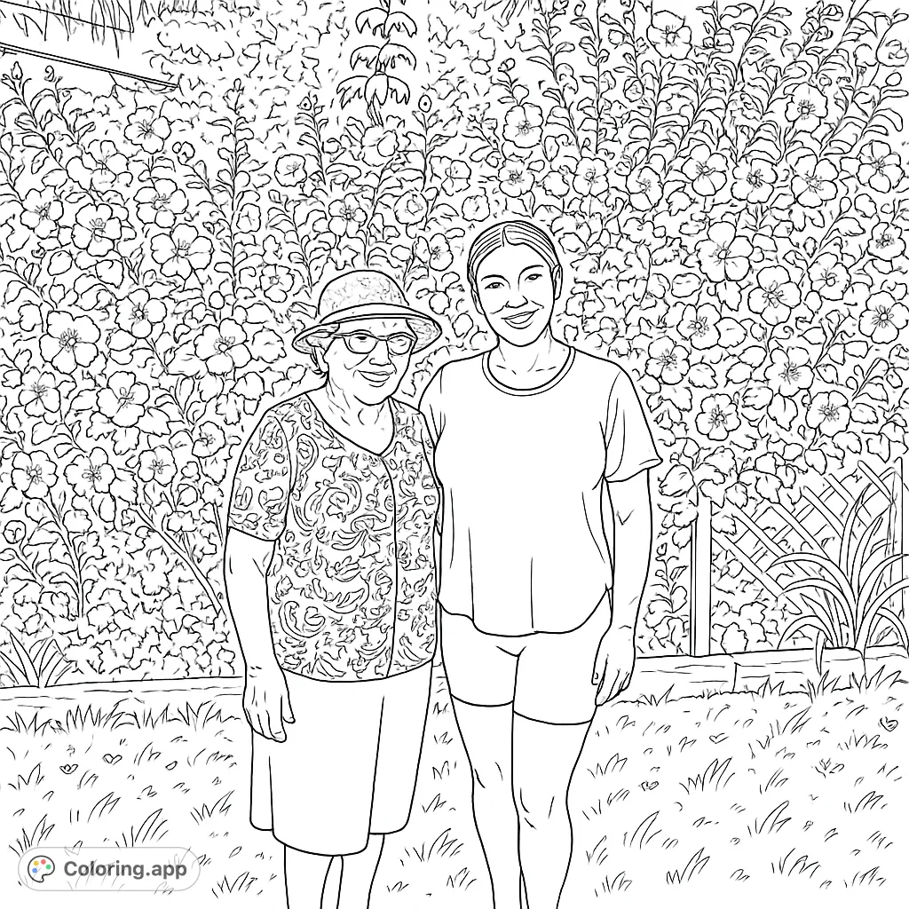 A heartwarming garden scene featuring two individuals standing before a lush flowering hedge, perfect for a relaxing and detailed coloring experience.