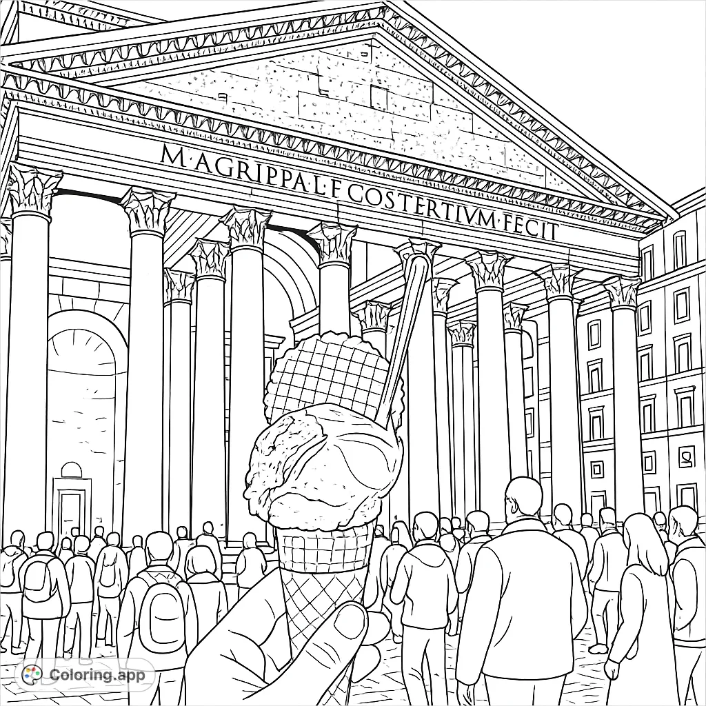 Enjoy a delightful gelato in front of a majestic ancient Roman temple. This detailed coloring page combines sweet treats with historic architecture for a unique experience.