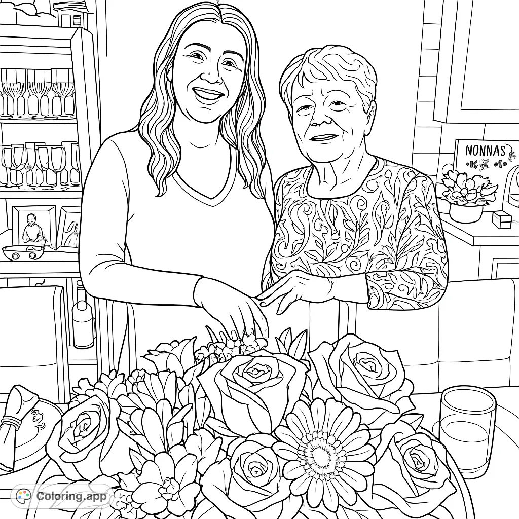 A heartwarming family portrait coloring page featuring two women and a beautiful floral centerpiece, perfect for celebrating connections.