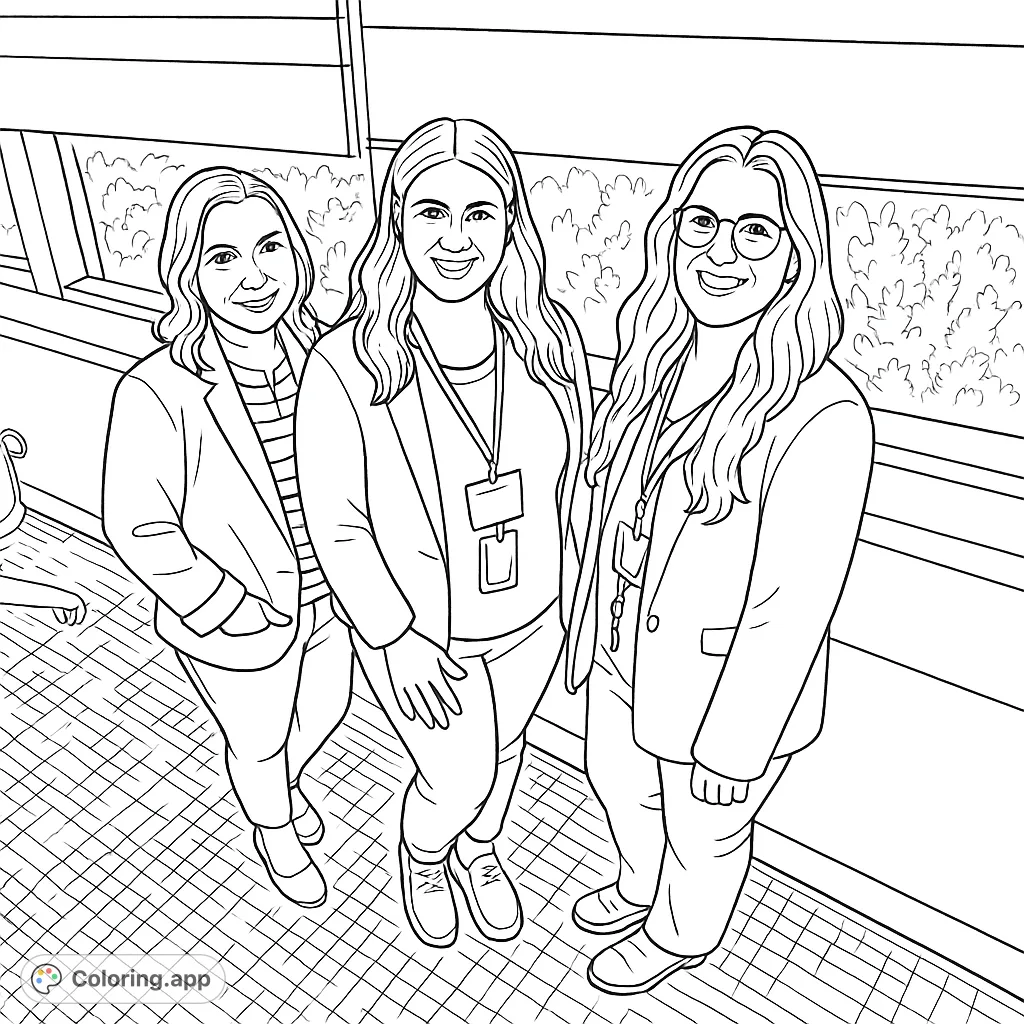 Three smiling women in professional attire stand by a window, ready for a creative coloring session. Perfect for office-themed coloring.