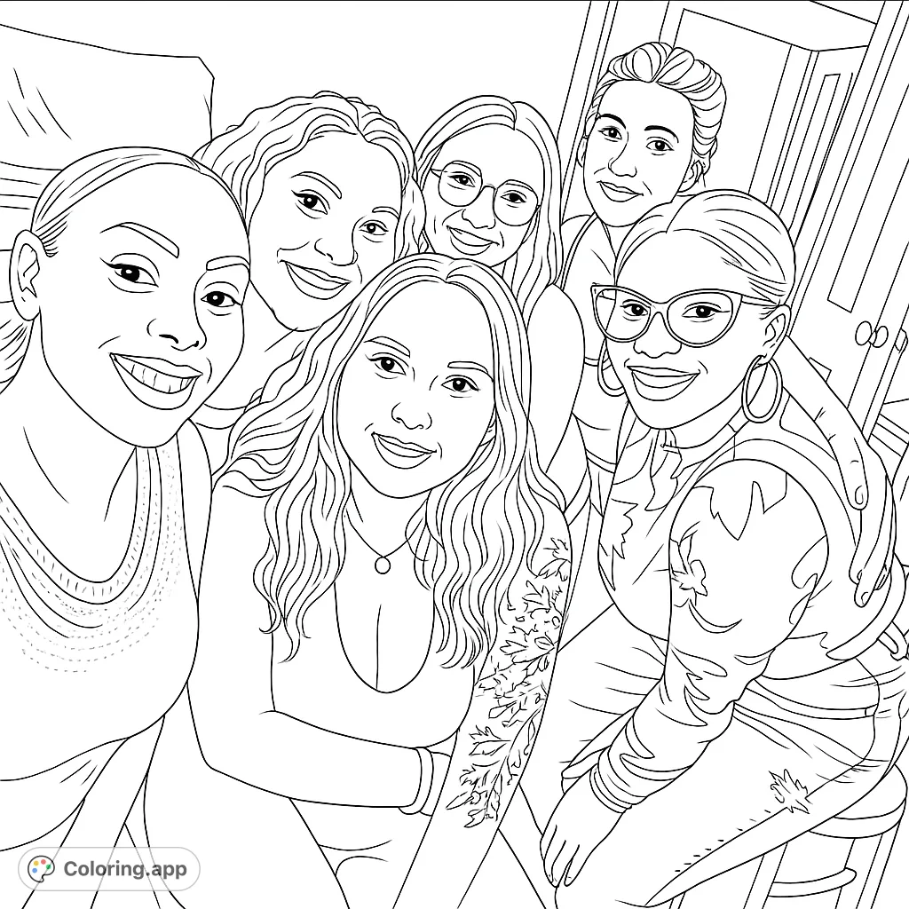 A joyful group of six women smiling together, perfect for celebrating friendship and connection. Personalize their features and outfits with your favorite shades.