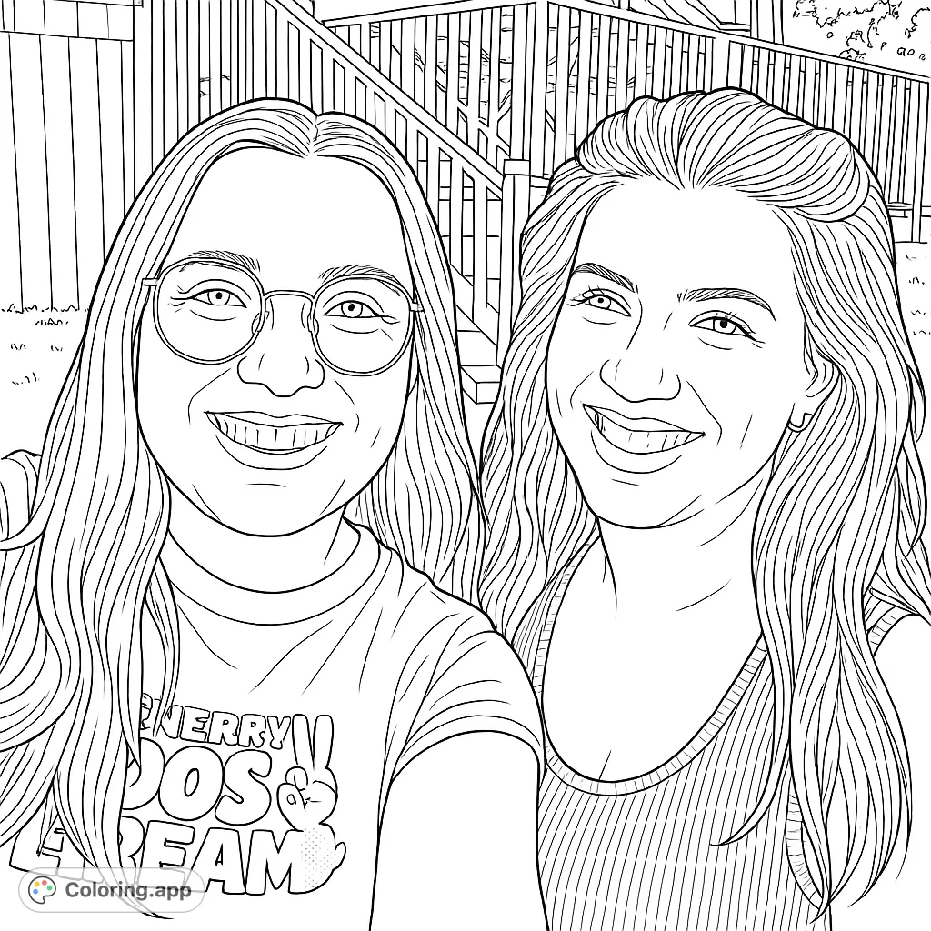 A heartwarming portrait of two smiling friends, perfect for capturing joy and connection. Features detailed expressions and an outdoor setting.