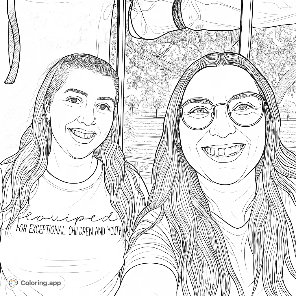 Two smiling women in an outdoor setting, featuring detailed hair, glasses, and a scenic background. Perfect for personalizing with your favorite colors.
