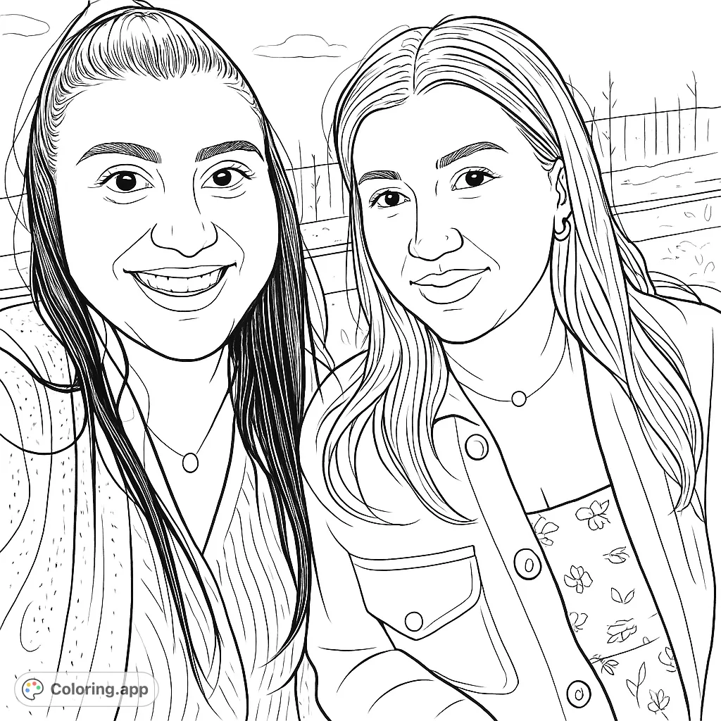 Capture the warmth of friendship with this charming portrait of two smiling women in an outdoor setting. Perfect for personalizing with your favorite hues.