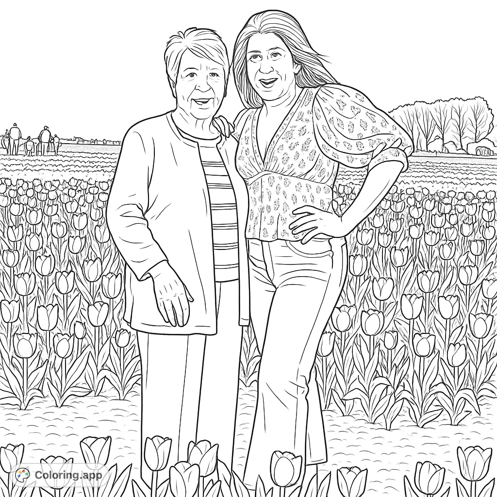 Two women pose happily amidst a vibrant field of blooming tulips under a clear sky, a beautiful scene for a relaxing coloring experience.