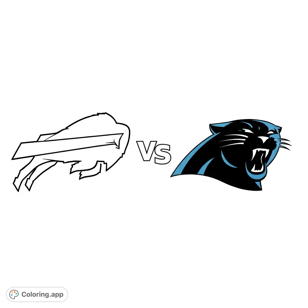 A dynamic NFL coloring page featuring the Buffalo Bills buffalo logo facing off against the Carolina Panthers panther head. Perfect for football fans!