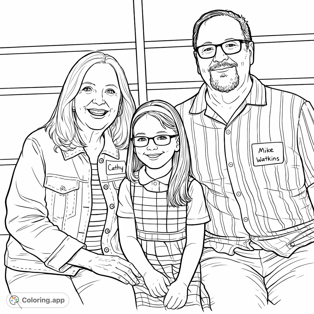 A delightful coloring page featuring three smiling family members – a woman, a man, and a young girl – sitting together, perfect for all ages.