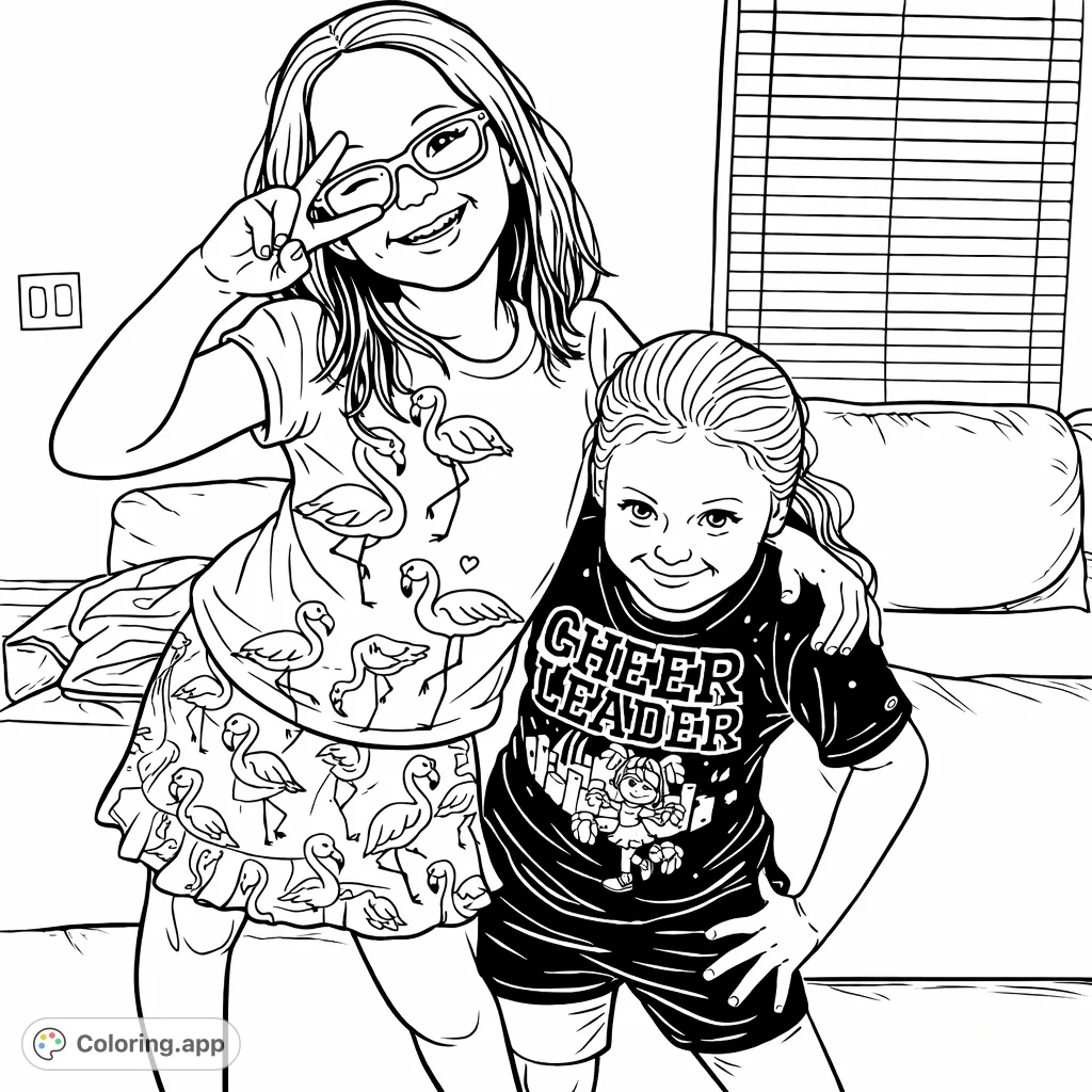 A charming coloring page featuring two playful sisters striking fun poses, ready for imaginative coloring. Perfect for fostering creativity and joy.