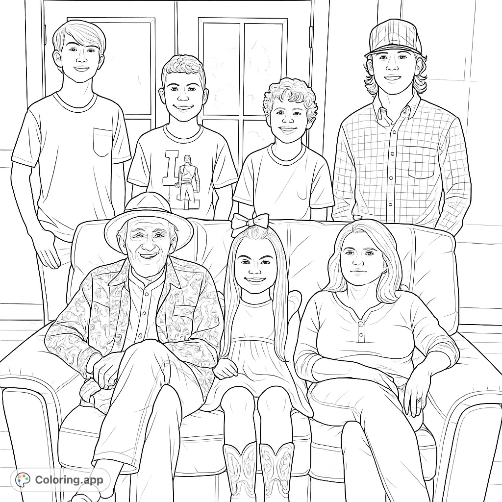 Capture the warmth of family with this multi-generational portrait coloring page. Features six individuals, a cozy sofa, and a bright background.
