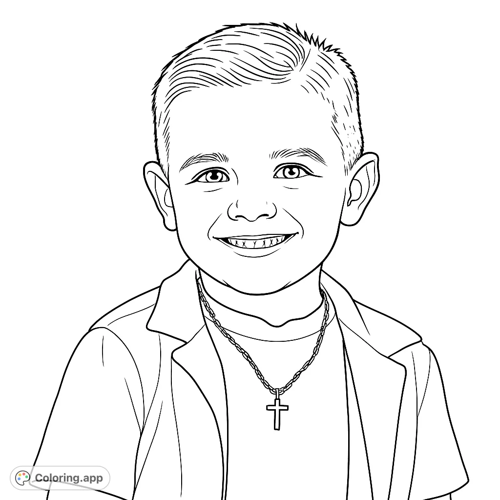 A cheerful young boy with a bright smile and a cross necklace, perfect for a heartwarming coloring experience. A free printable coloring page for kids and adults.