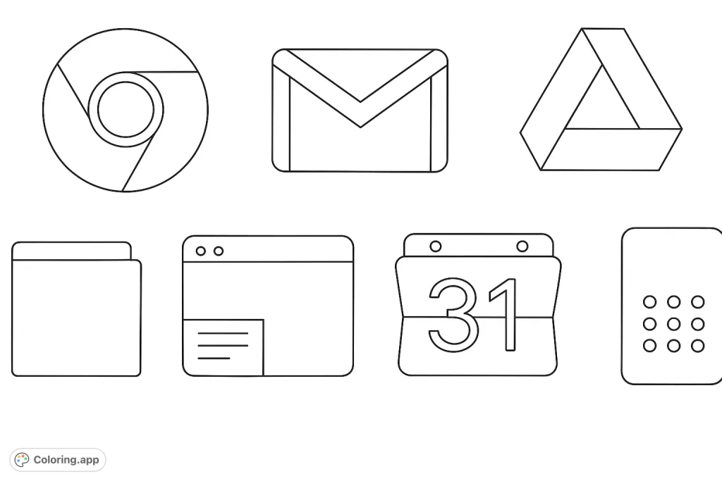 Explore a collection of popular digital application icons, perfect for tech enthusiasts and those who love modern, geometric designs. A fun and engaging coloring experience.