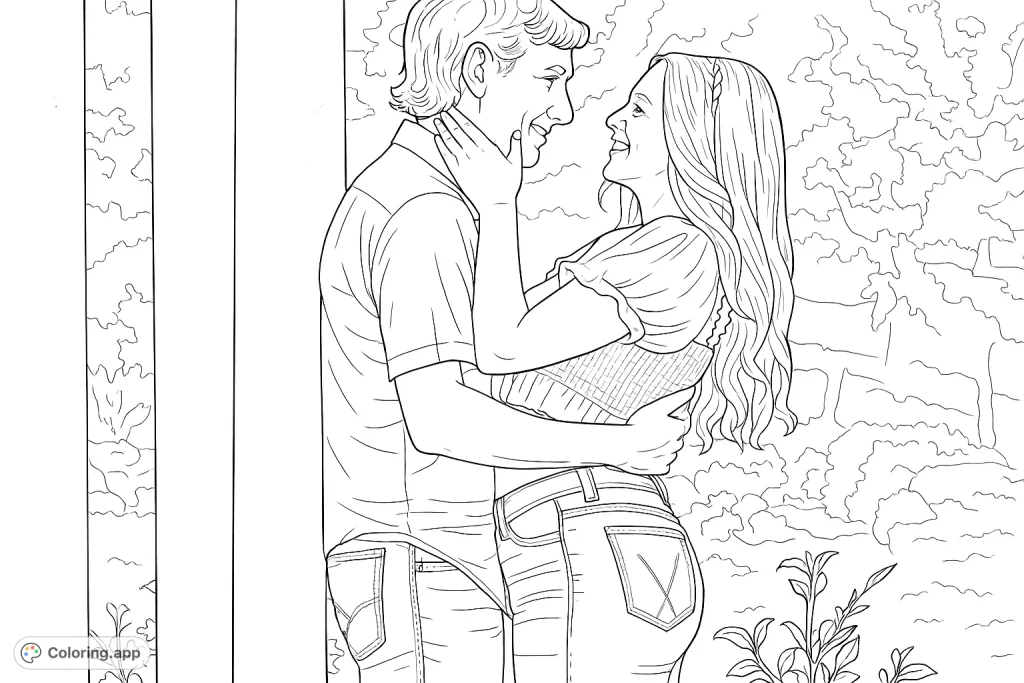 Capture a tender moment with this romantic couple coloring page. Features an embracing man and woman with detailed clothing and a natural background.