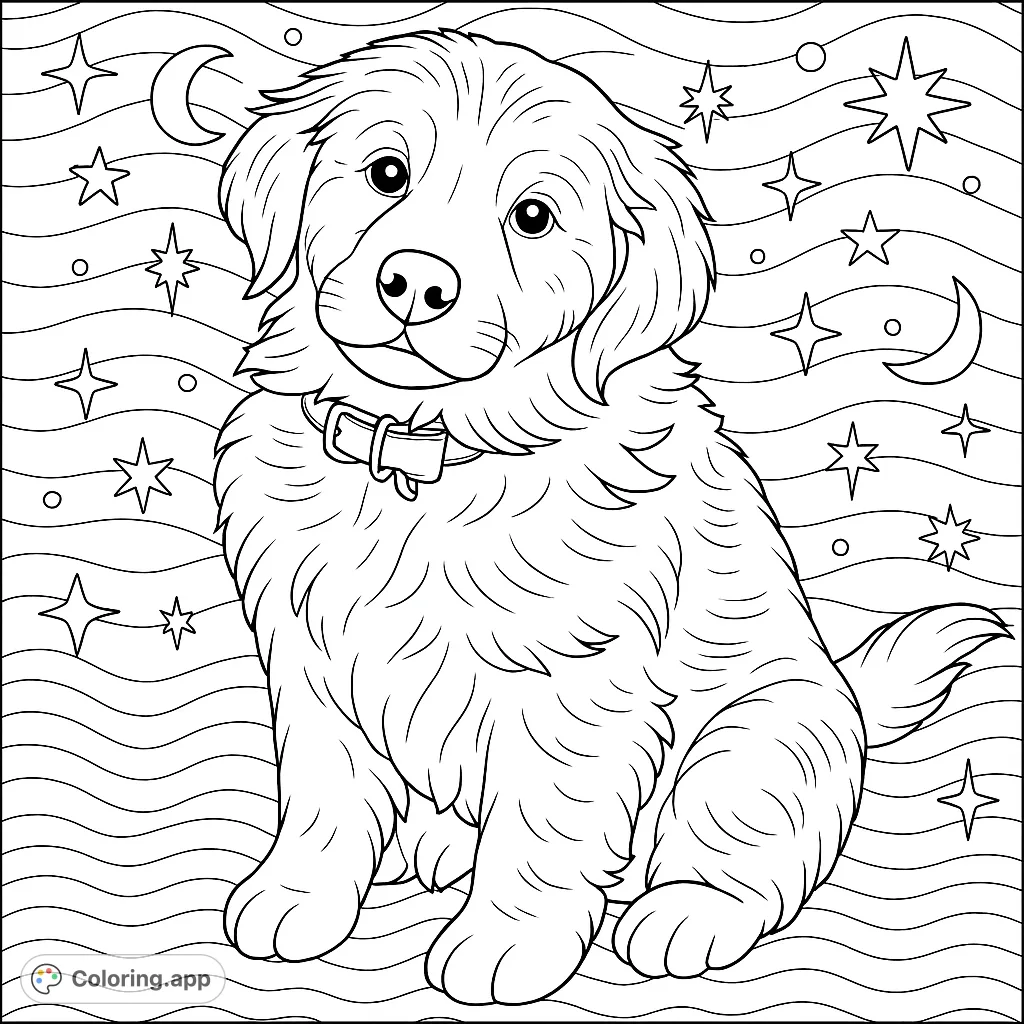 An adorable puppy sits patiently, surrounded by whimsical stars and celestial elements, with a calming wave pattern in the background. A delightful coloring page for all ages.