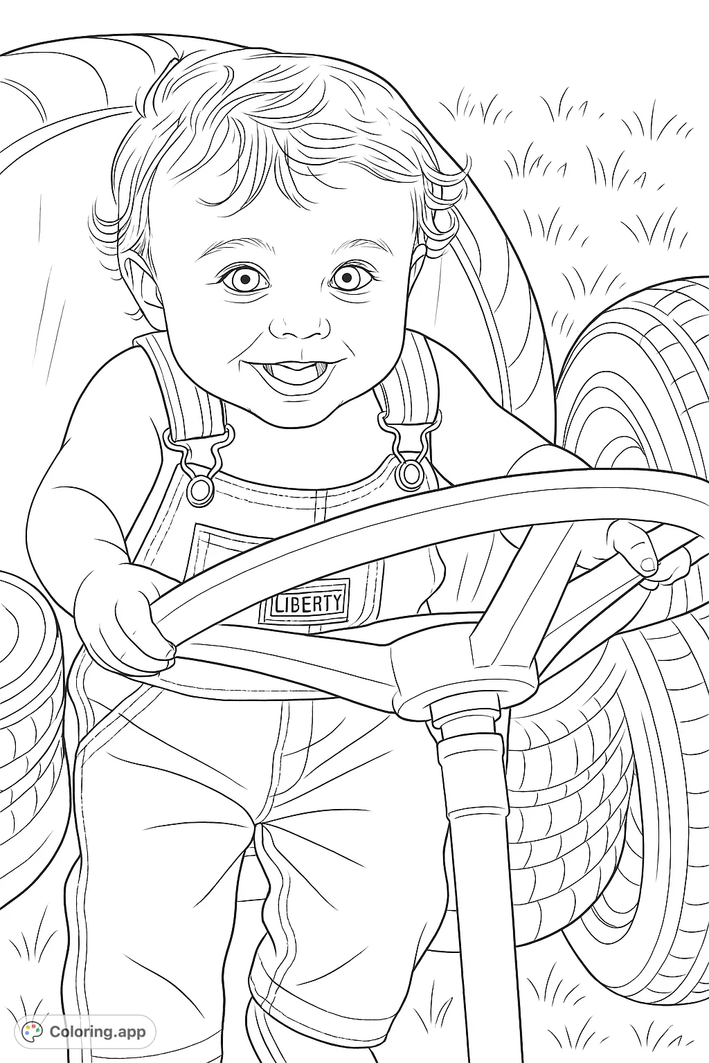 A joyful toddler in overalls, beaming while holding the steering wheel of a play tractor. A delightful scene for young colorists.