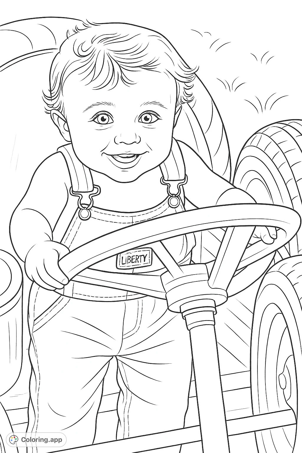 A delightful baby in overalls, smiling while holding a steering wheel, ready for adventure. A charming baby coloring page for kids and adults.