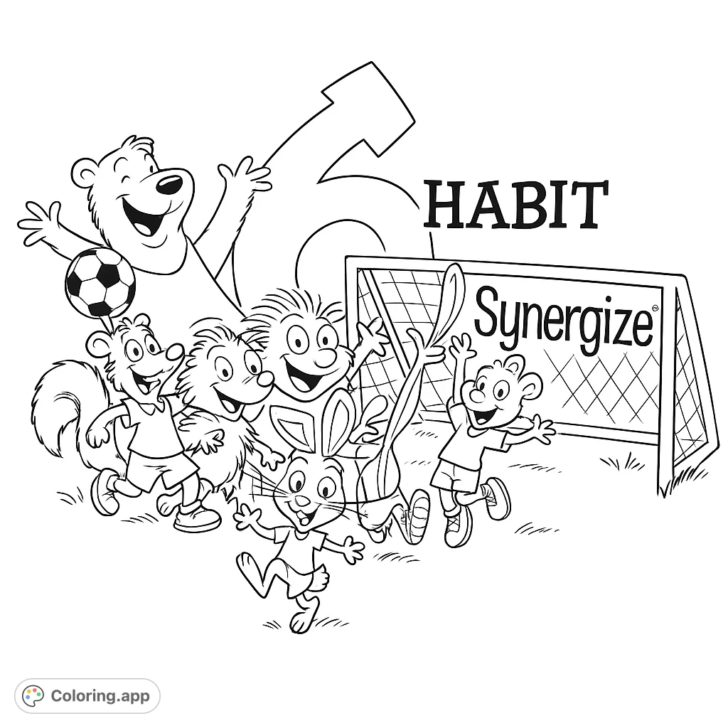 A fun-filled animal soccer game featuring a bear, rabbit, and friends, promoting teamwork and the "Synergize" habit on a vibrant field.