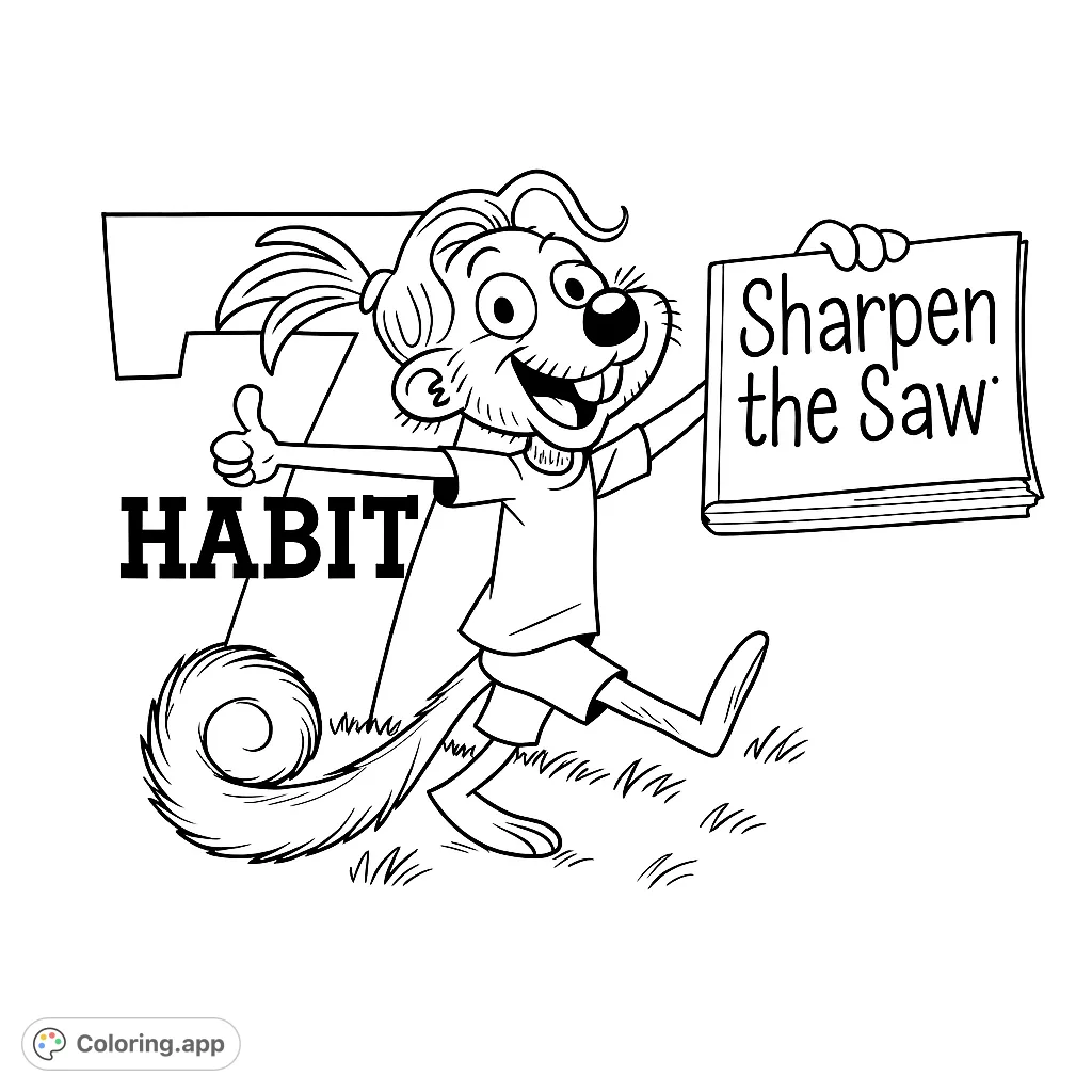A cheerful beaver character strides forward, holding a book titled "Sharpen the Saw" next to a large "7" and the word "HABIT." Perfect for learning fun!