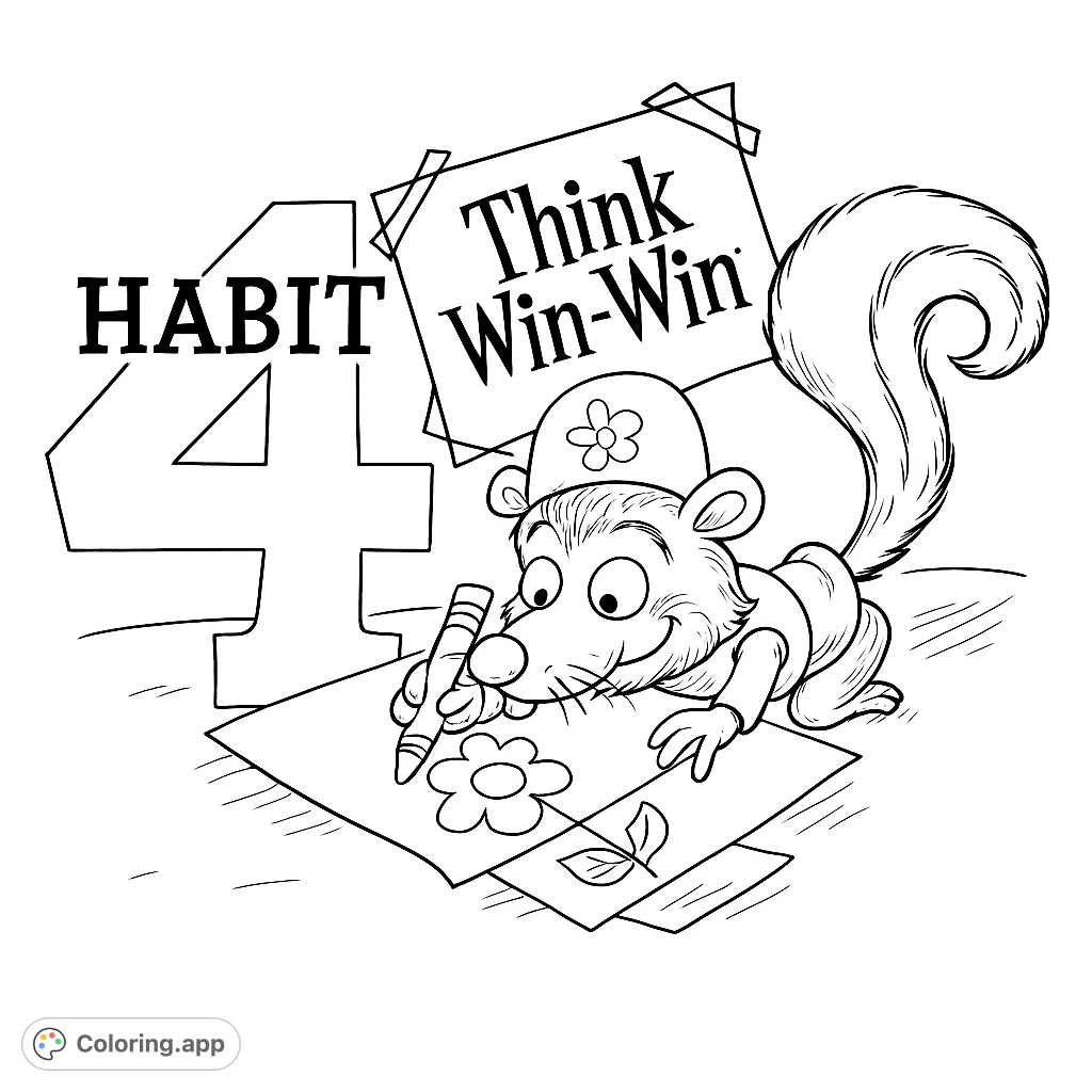 A cheerful skunk character draws, surrounded by papers and a "Think Win-Win" sign, perfect for a fun and educational coloring page.