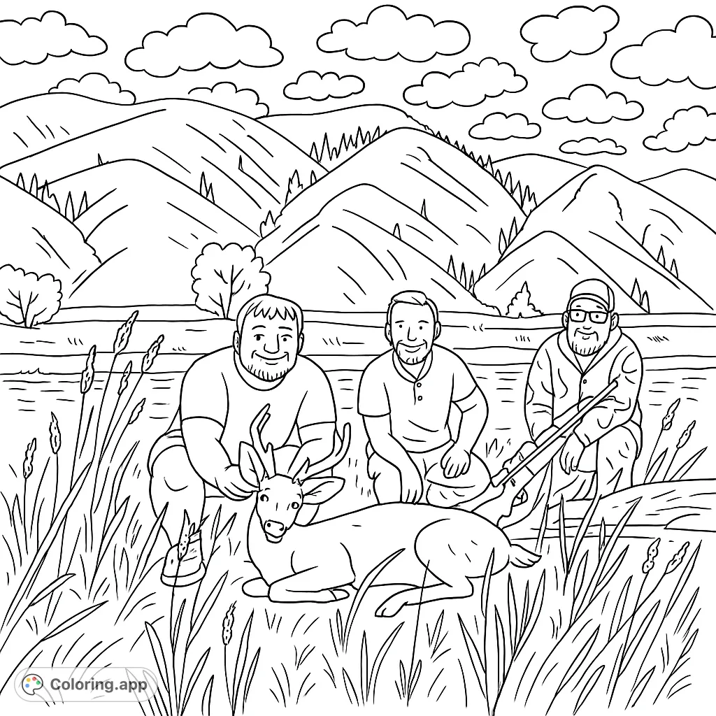 A rugged mountain hunting scene featuring three triumphant hunters and their deer, set against a backdrop of majestic hills and a serene river.