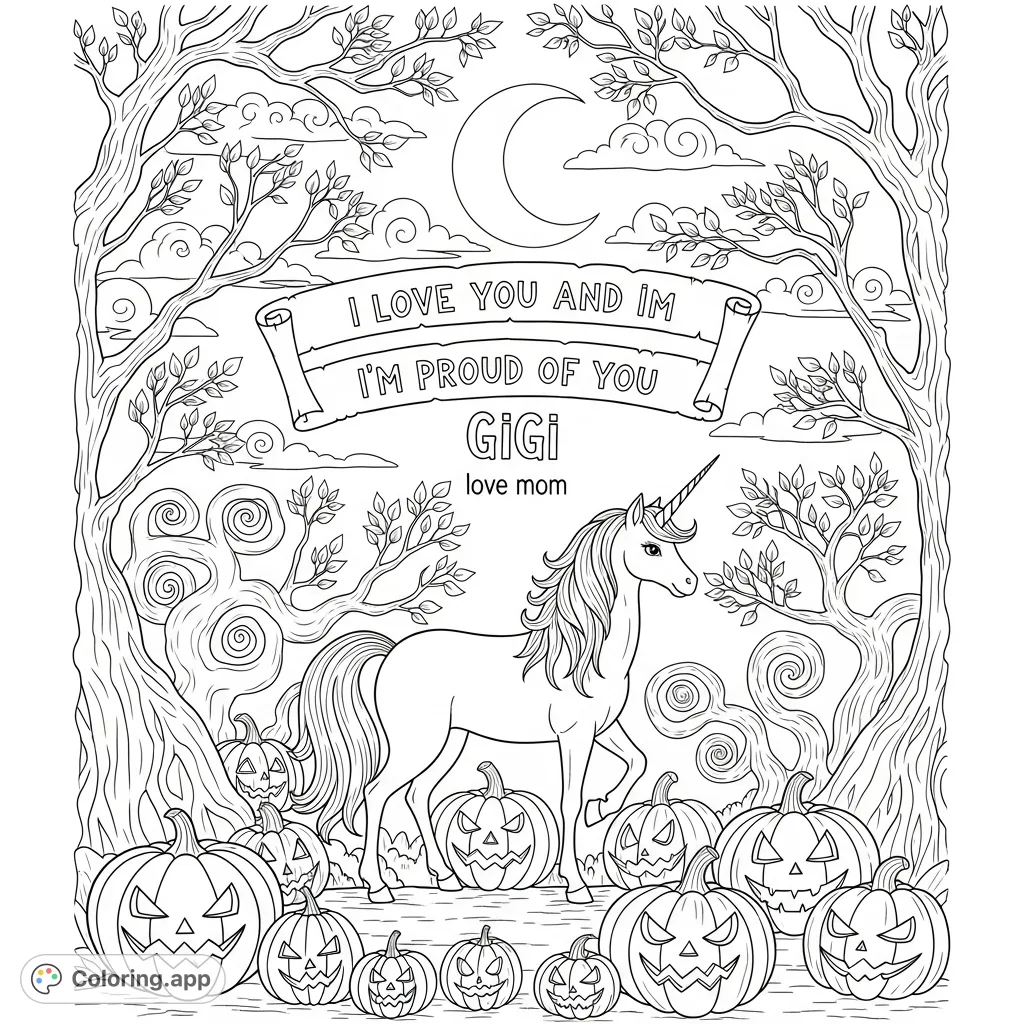 A whimsical Tim Burton-inspired Halloween scene featuring a graceful unicorn, stylized pumpkins, and a heartfelt message, perfect for creative young colorists.