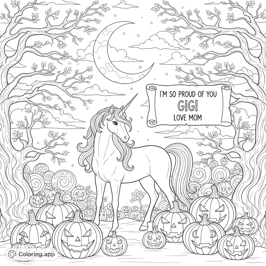 A Tim Burton-inspired Halloween scene with a slender unicorn, stylized pumpkins, twisted trees, a crescent moon, and a heartfelt message.