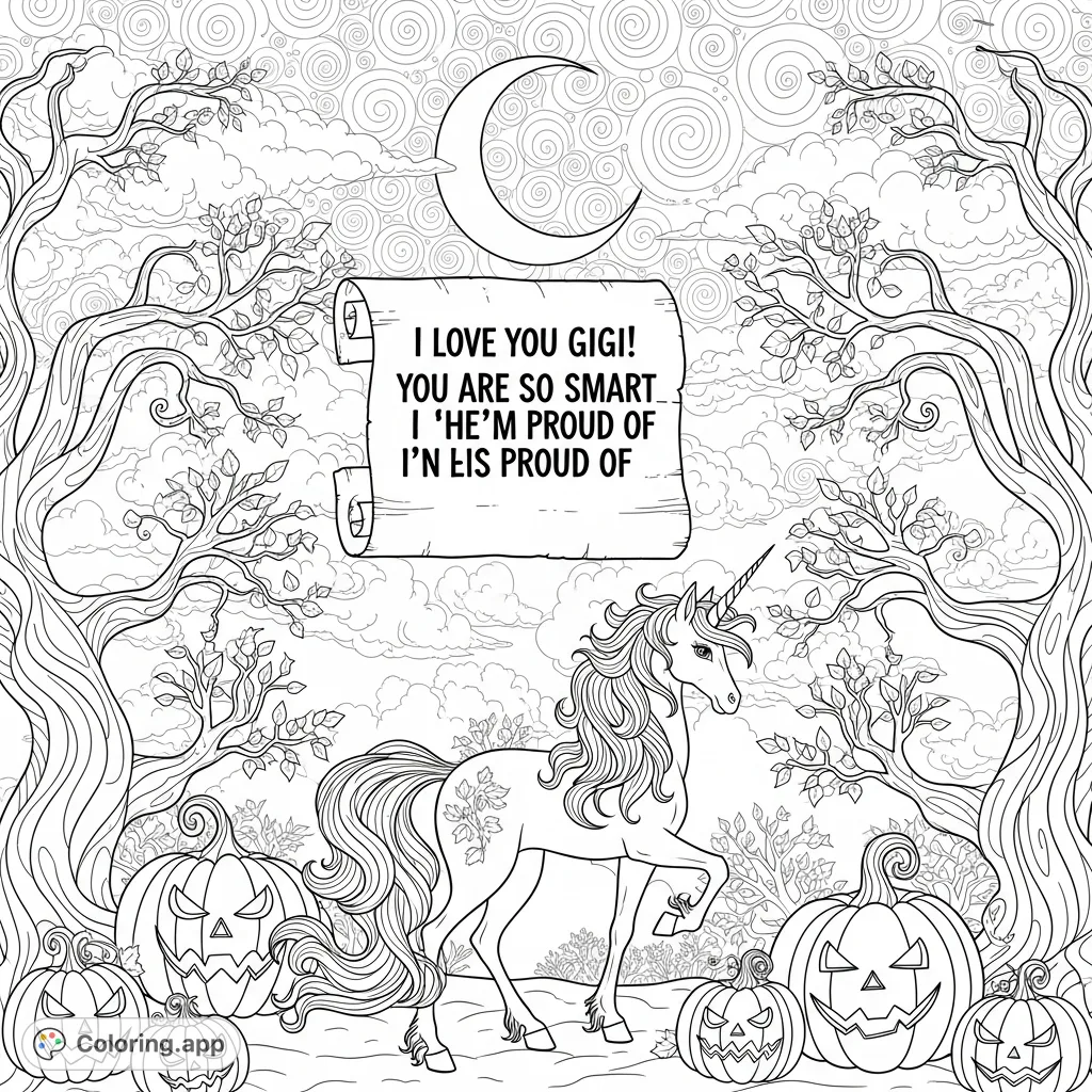 A Tim Burton-inspired Halloween coloring page featuring a slender unicorn, stylized pumpkins, gnarled trees, and a personalized message. Perfect for fall fun!