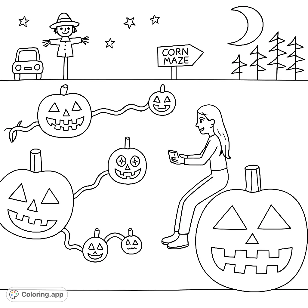 A whimsical autumn scene featuring a person on a large jack-o'-lantern, surrounded by smaller pumpkins, a scarecrow, and a corn maze sign under a starry sky.