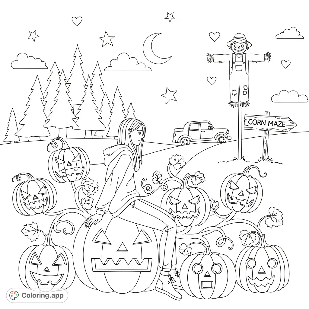 Explore a whimsical autumn scene featuring a person on a carved pumpkin, surrounded by festive gourds, a scarecrow, and a 'CORN MAZE' sign under a starry sky.