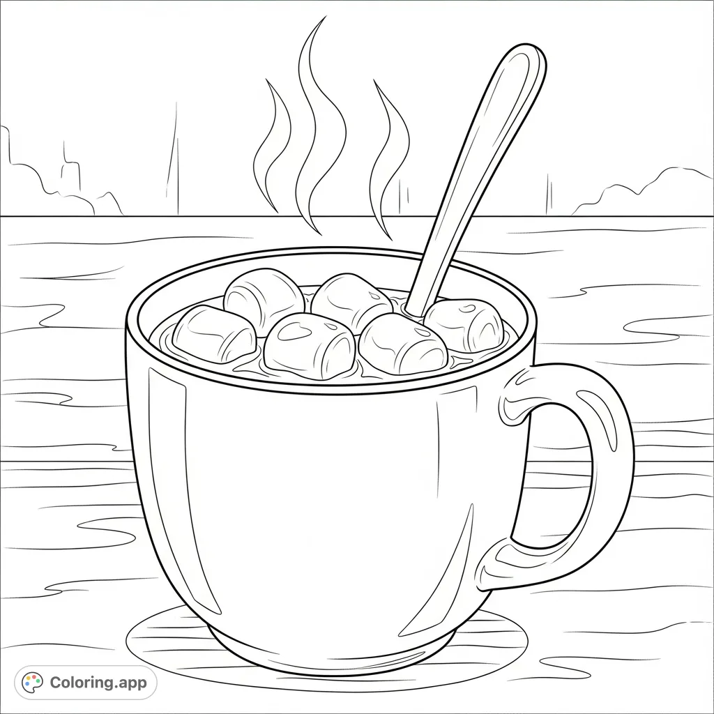 A delightful hot chocolate and marshmallow coloring page, perfect for a warm and inviting coloring experience. Simple and sweet for all ages.