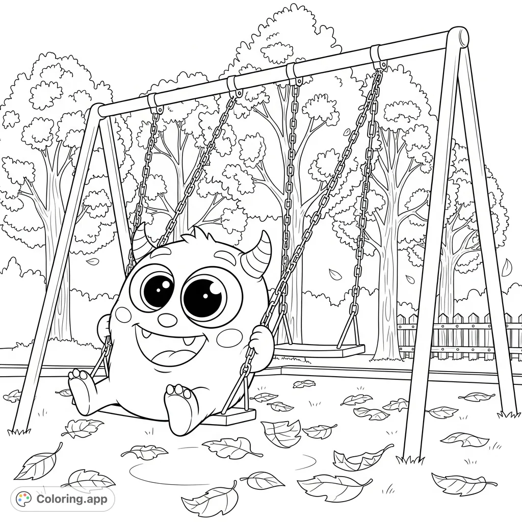 A delightful little monster enjoys a swing ride on a playground amidst a charming autumn scene, surrounded by fallen leaves and bare trees.