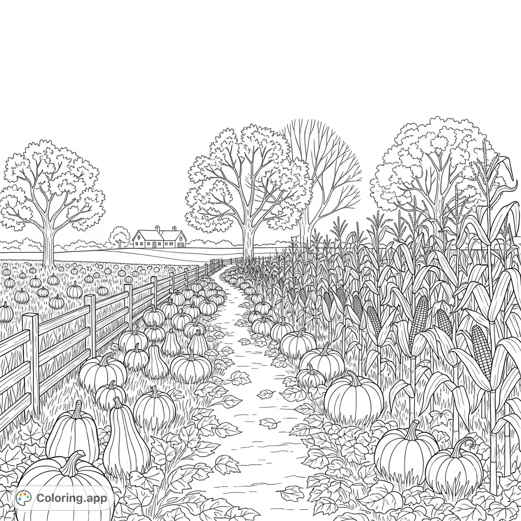 Immerse yourself in a detailed fall outdoor scene coloring page, featuring pumpkins, corn stalks, and a rustic farmhouse under an expansive sky.