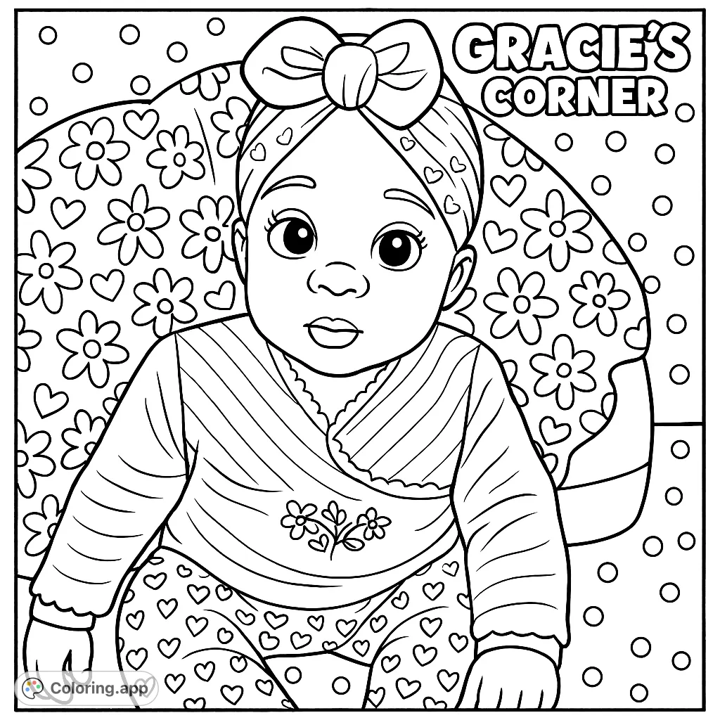A delightful Gracie's Corner baby coloring page, featuring a cute baby with a bow, surrounded by playful heart and polka dot patterns. Perfect for young fans!