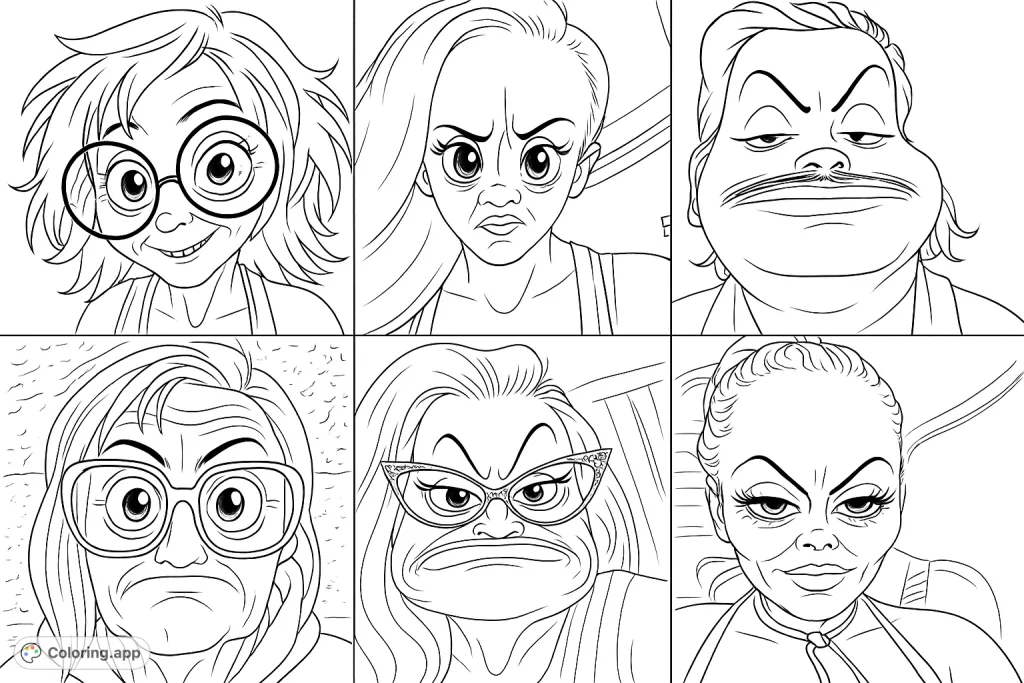 Explore a collection of six humorously distorted faces, each with unique expressions and accessories, perfect for a fun and quirky coloring experience.