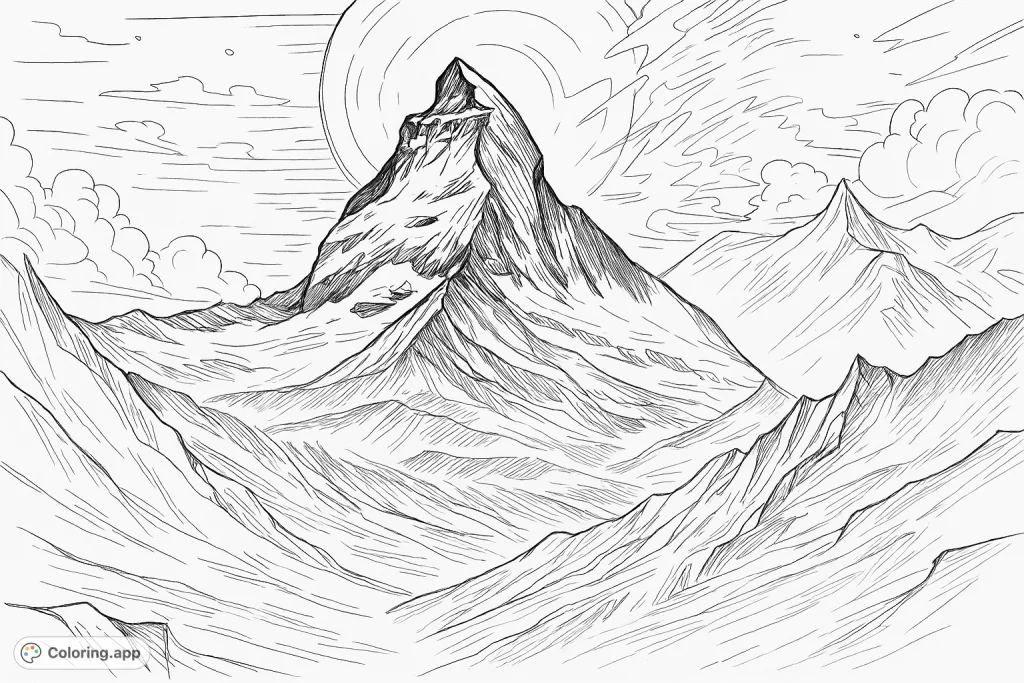 Explore a majestic mountain landscape under a grand celestial body. This intricate coloring page features towering peaks, deep valleys, and a star-filled sky.