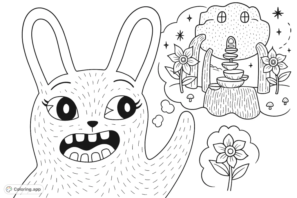 A friendly, textured creature waves, dreaming of a whimsical world with a fantastical dwelling, flowing water, and magical flowers. A delightful fantasy scene.
