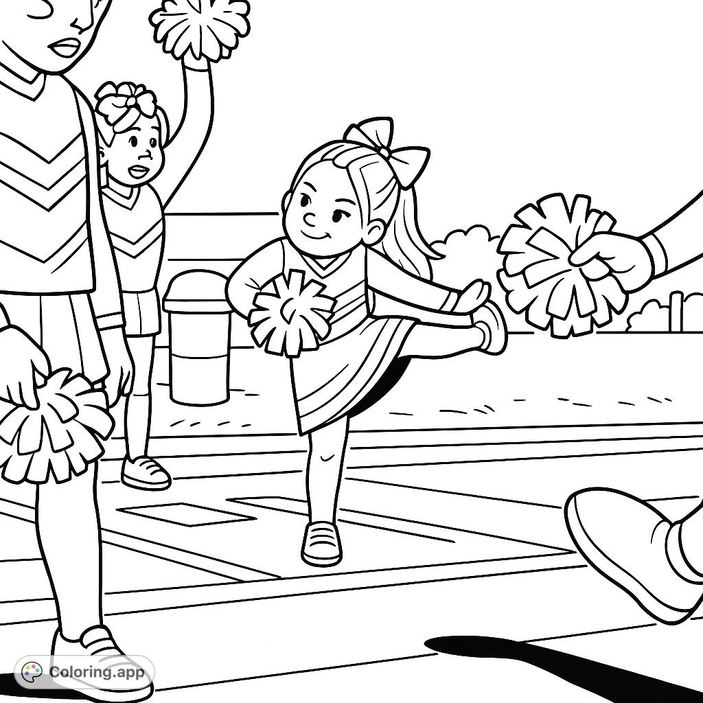 A dynamic cartoony cheerleader coloring page featuring a young performer mid-kick, surrounded by pom-poms on an outdoor track. Perfect for aspiring cheerleaders!