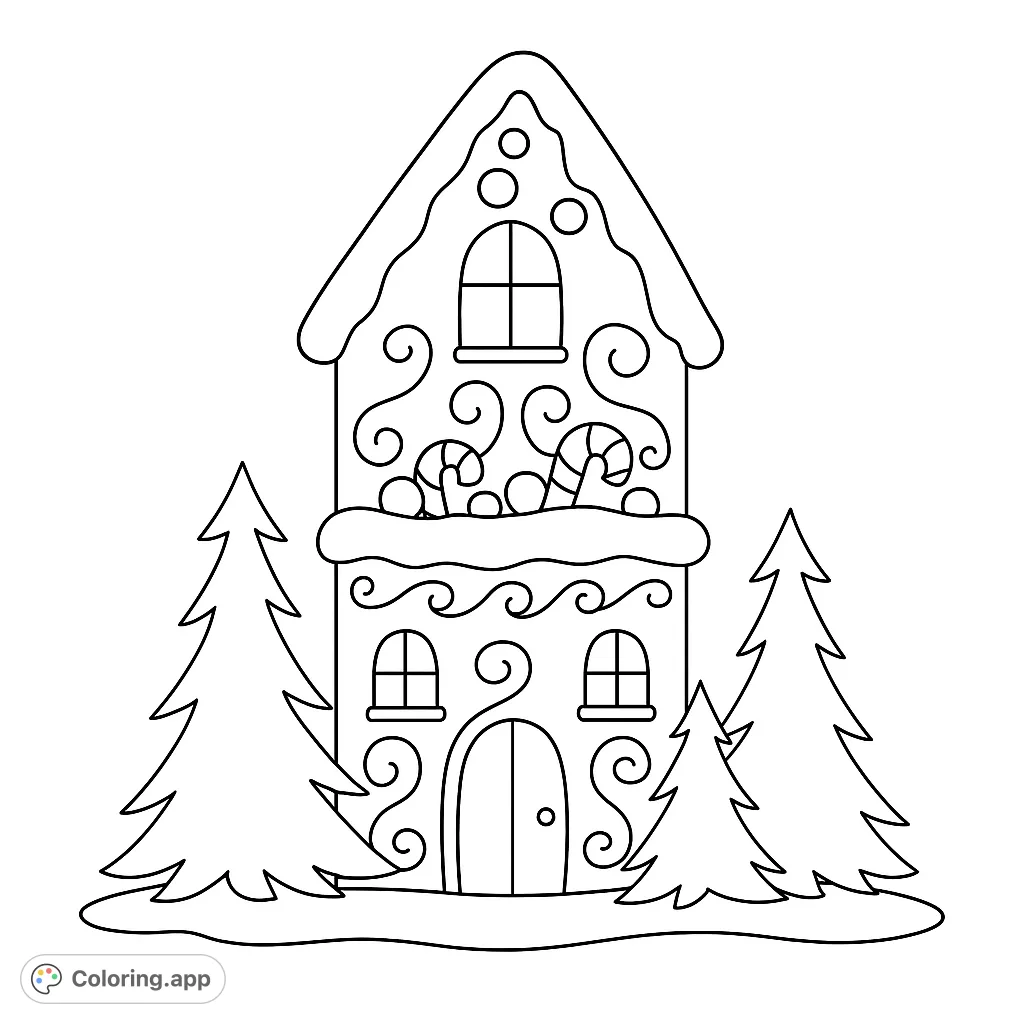 A charming two-story gingerbread house adorned with sweet details and surrounded by snow-dusted pine trees, perfect for festive coloring fun.