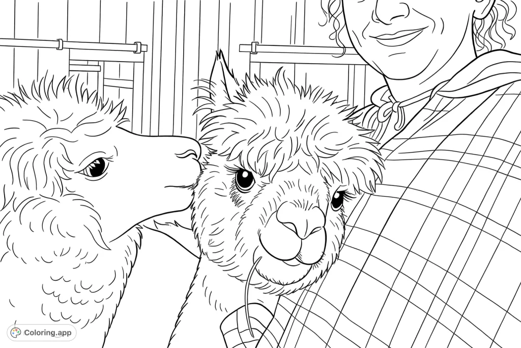 Capture a heartwarming moment with two fluffy alpacas and a person. Perfect for animal lovers to color intricate fur textures and plaid patterns.