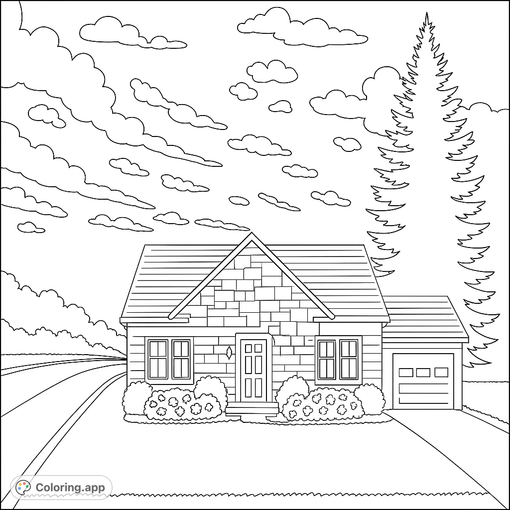 Color a charming suburban house with a stone and brick facade, a large evergreen tree, and a dramatic sky filled with clouds. A peaceful scene awaits your creative touch.