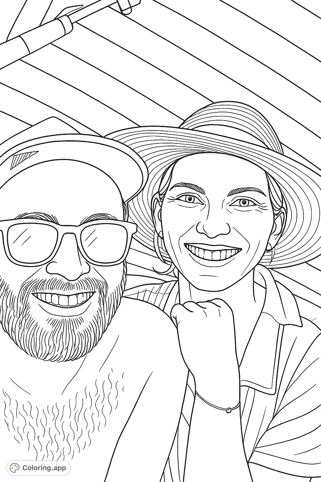 Capture the joy of a beach day with this smiling couple under a striped umbrella. A perfect summer vacation coloring page for relaxation.